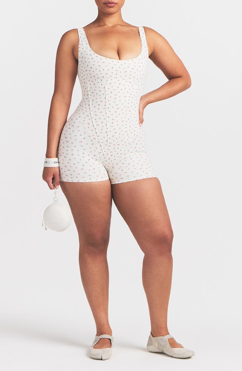 NikeSKIMS Matte Floral Corset Bodysuit, Main, color, Nskm Actv Ivory/ Nskm Flamingo