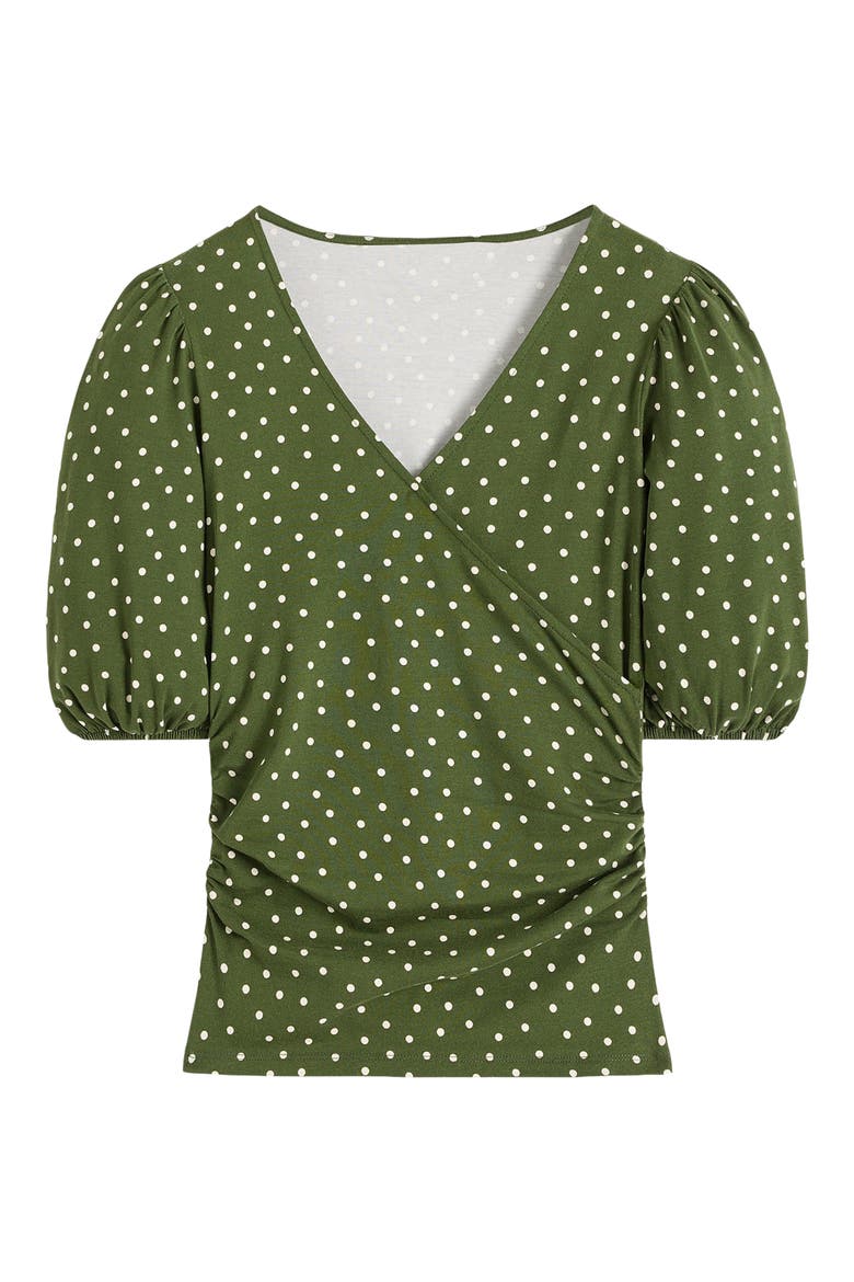 Ruched Short Sleeve Wrap Top, Alternate, color, GREEN SPOT