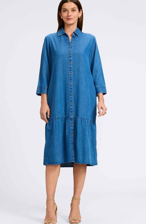 Foxcroft Ivy Long Sleeve Belted Denim Shirtdress In Medium Wash