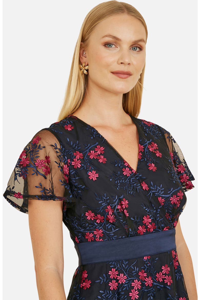 Floral Mesh Wrap Midi Skater Dress, Alternate, color, Navy