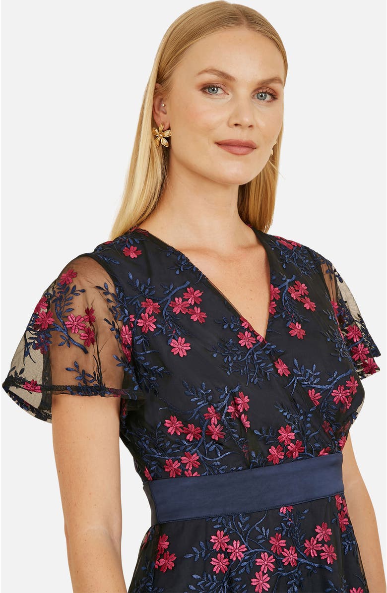 Yumi Floral Mesh Wrap Midi Skater Dress, Alternate, color, Navy
