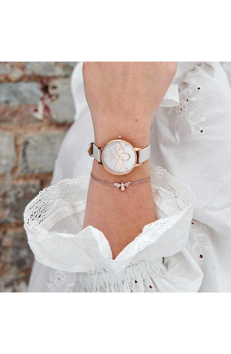 Olivia Burton Sparkle Bee Leather Strap Watch, 34mm, Alternate, color, 