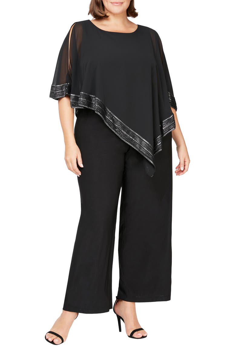 Foil Trim Asymmetric Popover Jumpsuit, Main, color, BLACK