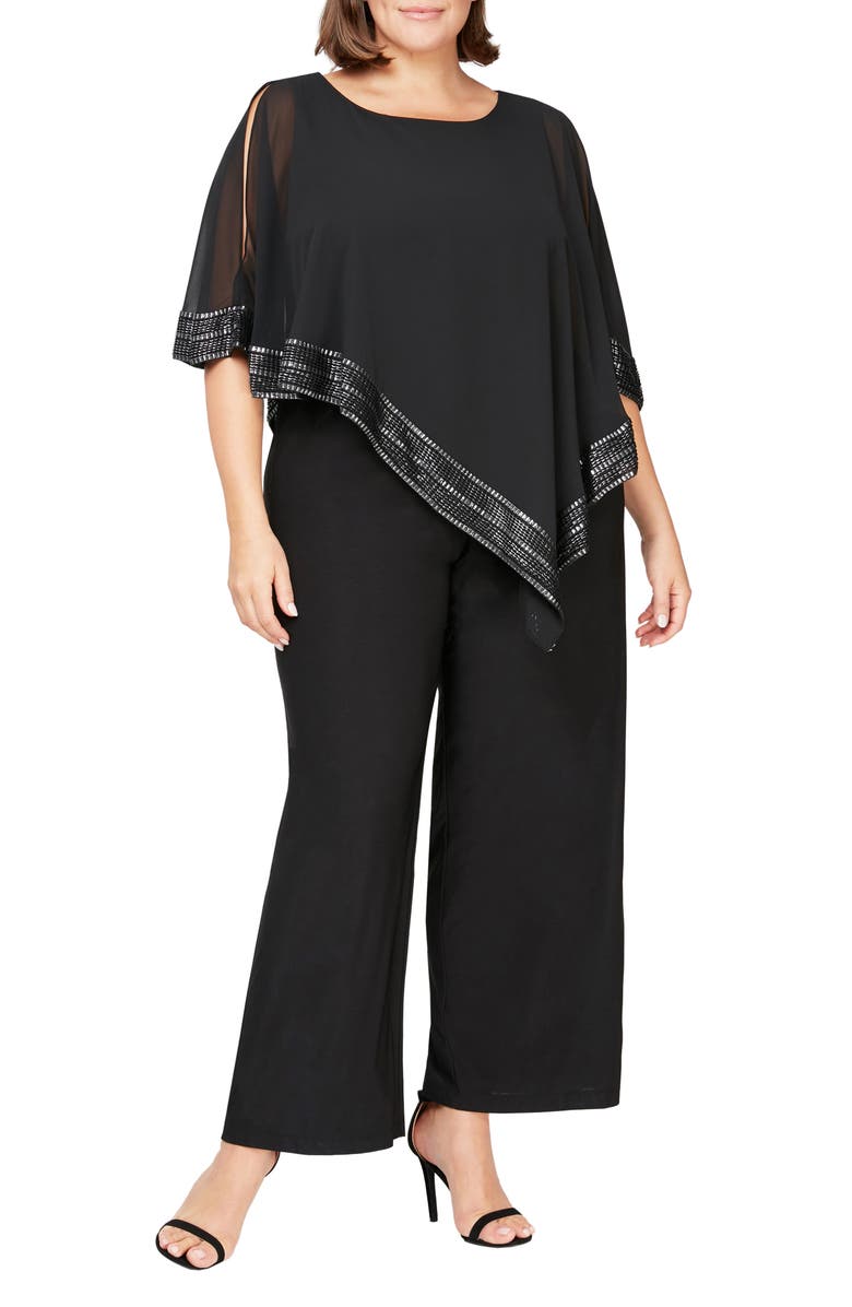 SL FASHIONS Foil Trim Asymmetric Popover Jumpsuit, Main, color, Black