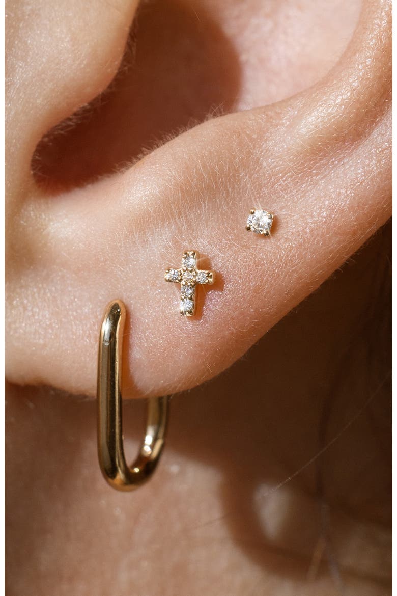 14k Diamond Cross Stud Earring (Flat Back) - Single, Alternate, color, 14k Solid Gold
