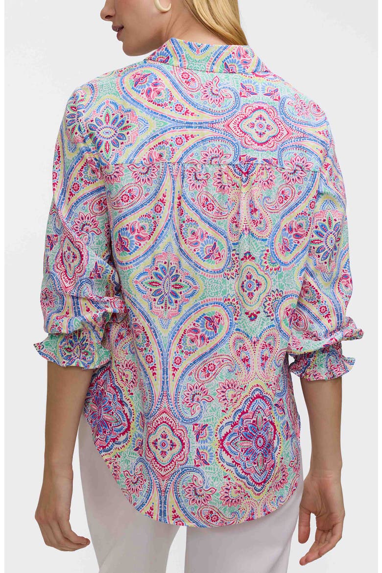 Olivia Paisley Smocked Cuff Linen Blend Button-Up Shirt, Alternate, color, GREEN/ MULTI