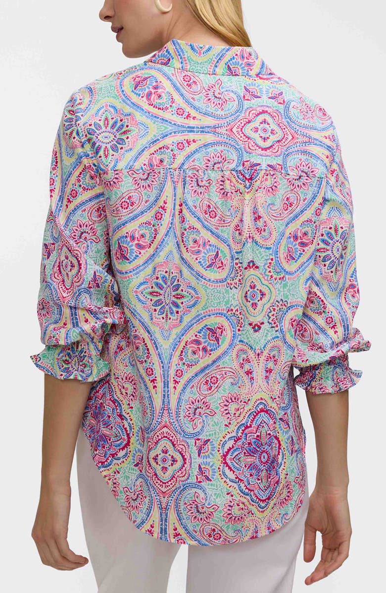 Foxcroft Olivia Paisley Smocked Cuff Linen Blend Button-Up Shirt, Alternate, color, Green/ Multi