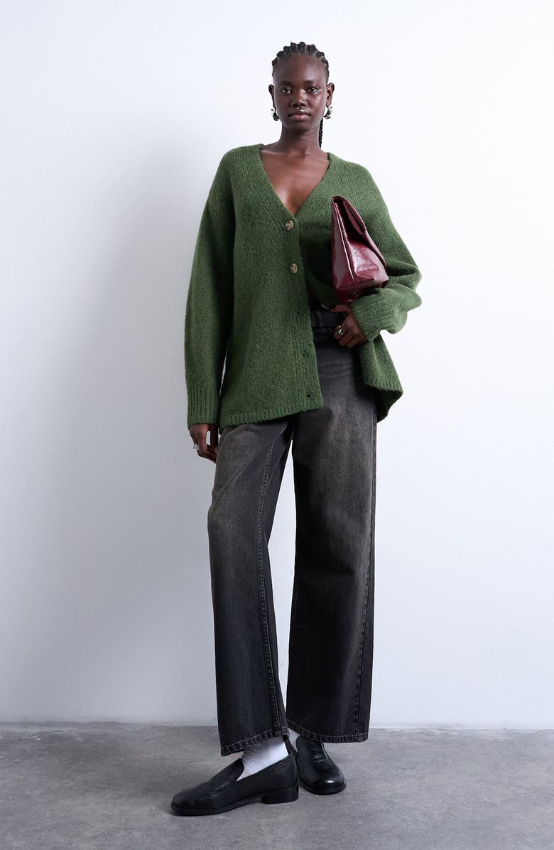 Topshop Easy V-Neck Longline Cardigan, Alternate, color, Khaki Green