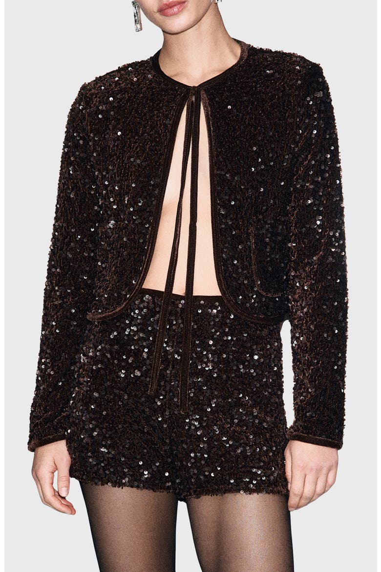 Sequin Velvet Tie Neck Jacket, Main, color, CHOCOLATE