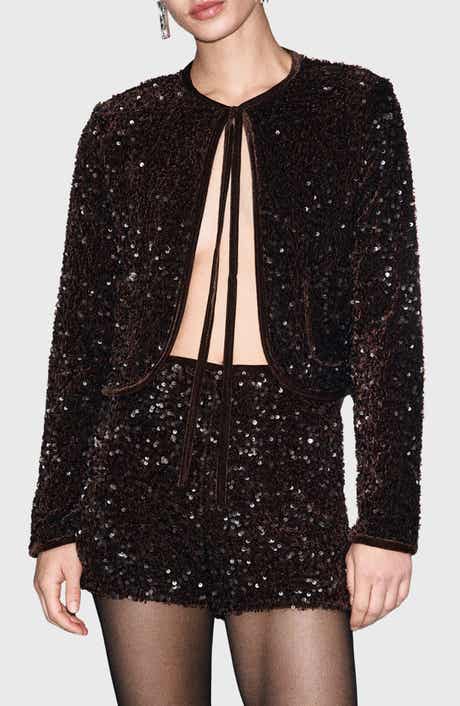 MANGO Sequin Velvet Tie Neck Jacket
