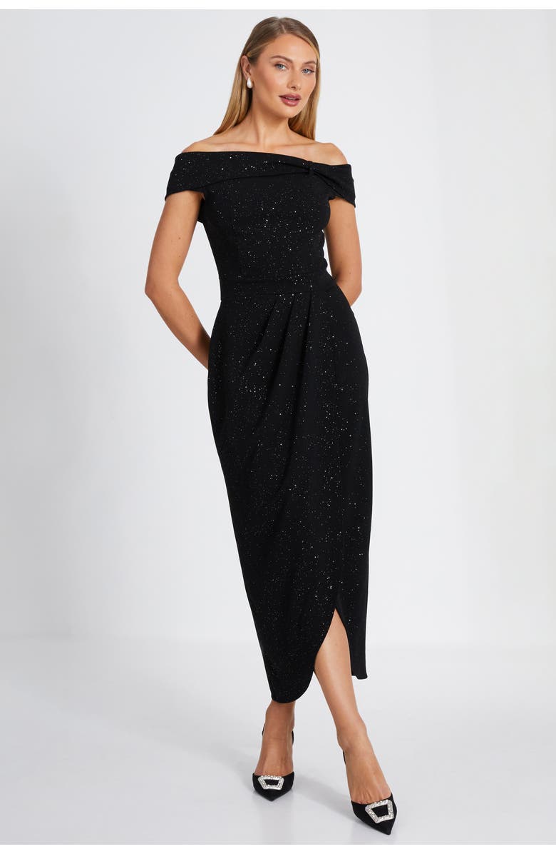QUIZ Glitter Liverpool Bardot Wrap Midi Dress, Alternate, color, 