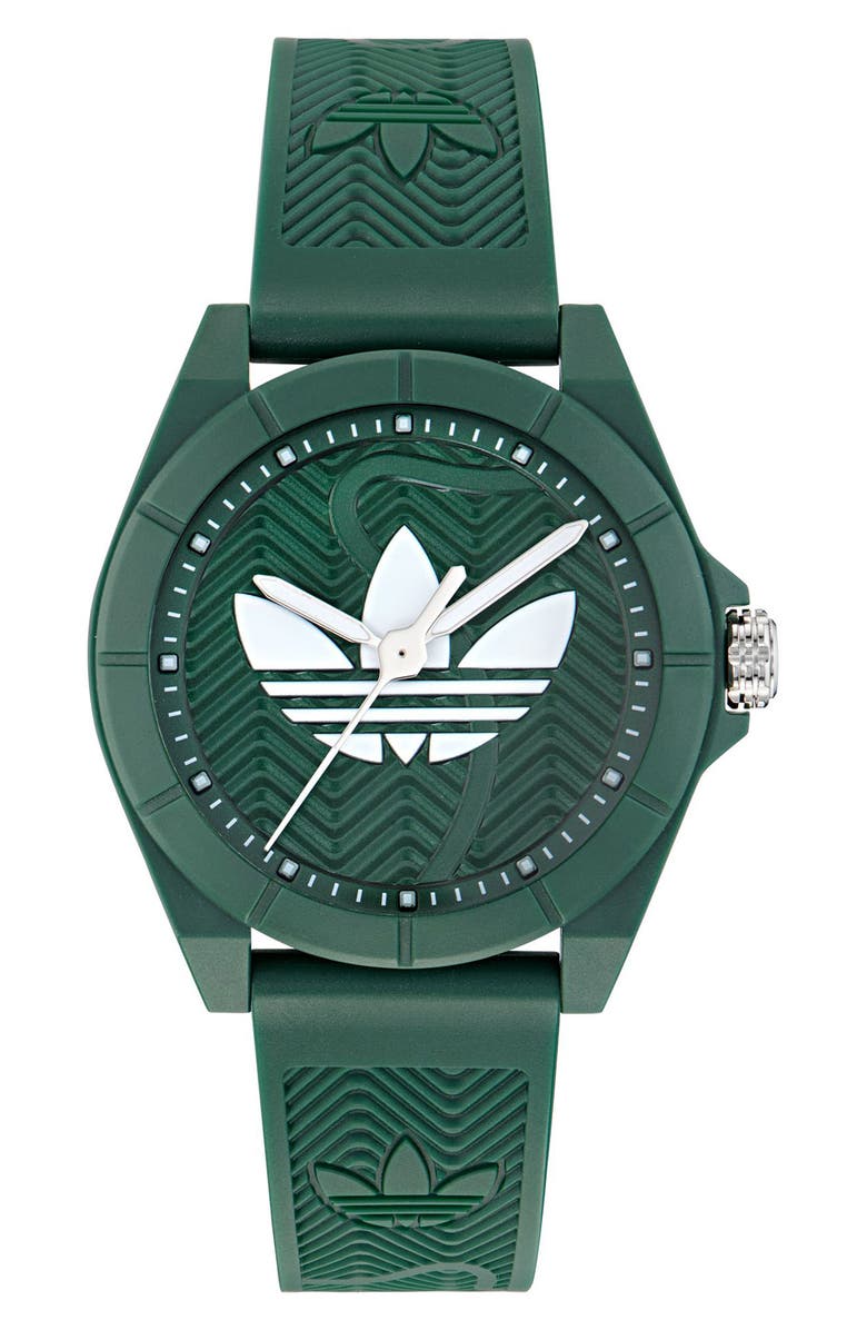 adidas AO Street Project 4 Green Logo Tread Dial Resin Strap Watch, 41mm, Main, color, Green