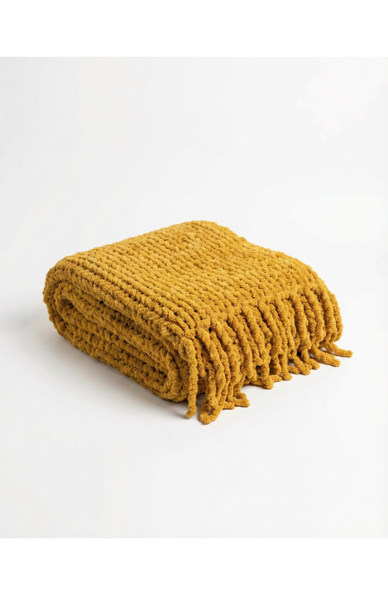 VILLA ABURI Chunky Chenille Knit Blanket with Fringe, Main, color, Saffron