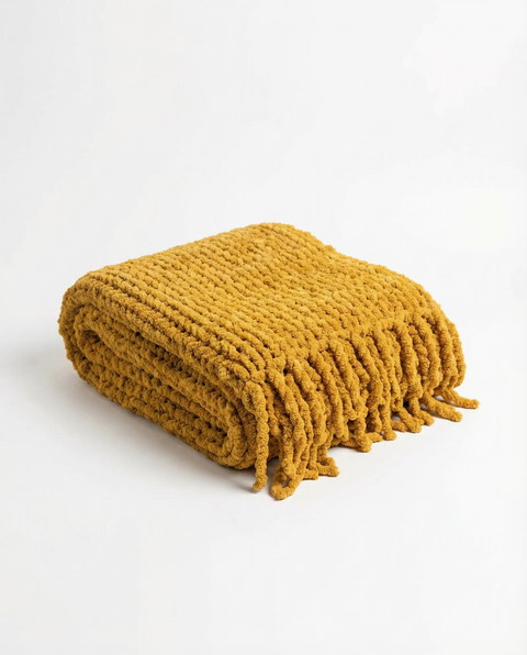 Chunky Chenille Knit Blanket with Fringe