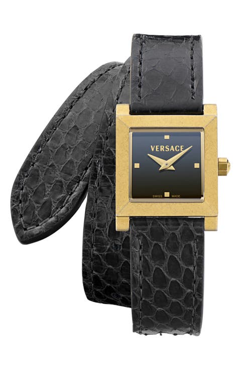 Mosaic Square Leather Strap Watch, 22mm