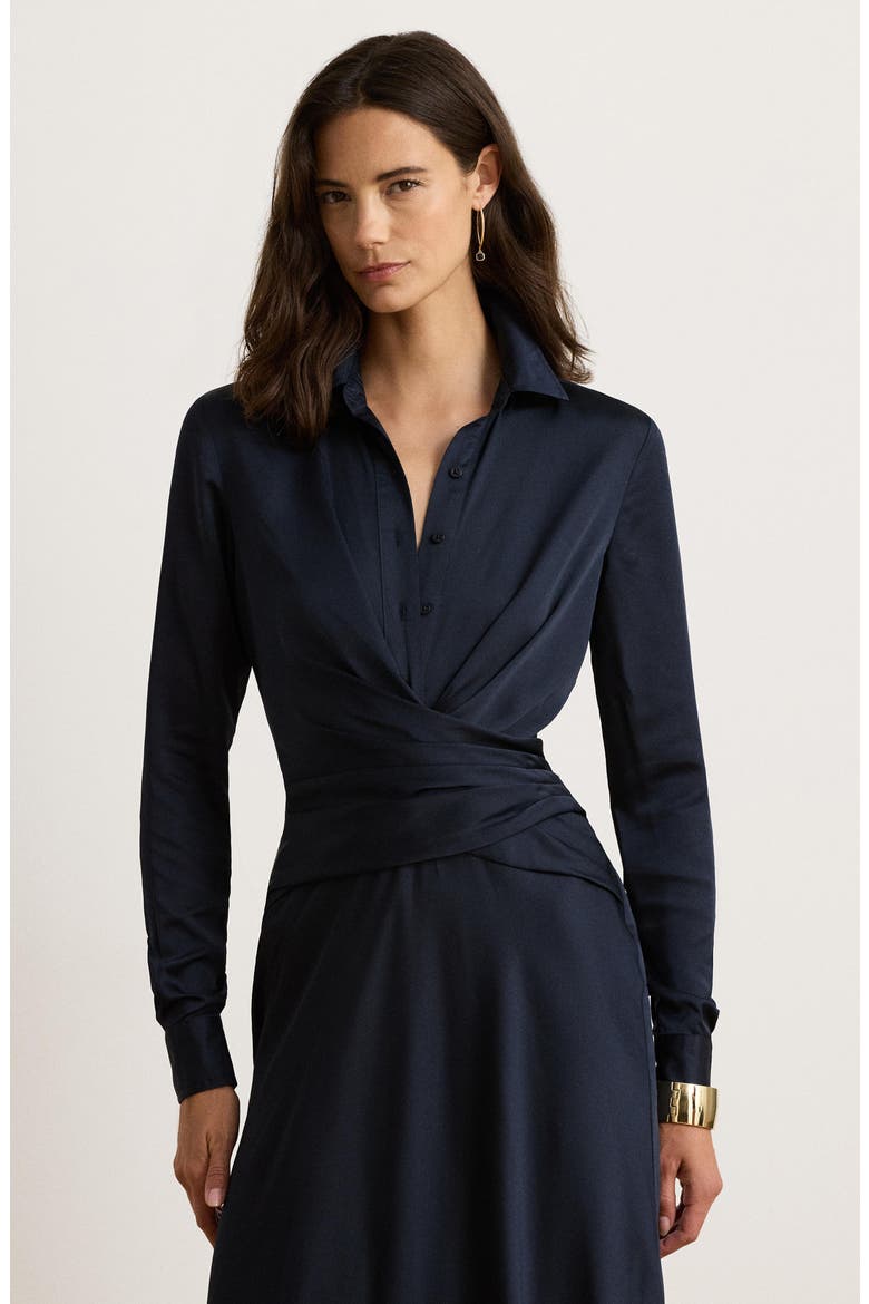 Featherweight Satin Charmeuse Shirtdress Gown, Alternate, color, LAUREN NAVY