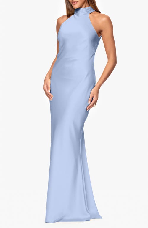 Xscape Evenings Halter Neck Satin Sheath Gown In Light Blue