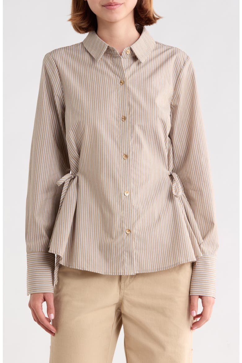 Striped Long Sleeve Button-Up Shirt with Side Ties, Main, color, HUMUS