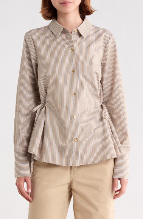 Striped Long Sleeve Button-Up Shirt with Side Ties