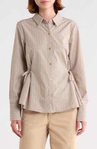 Striped Long Sleeve Button-Up Shirt with Side Ties