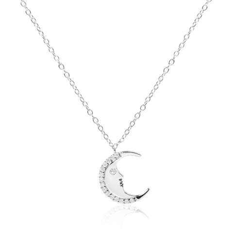 .925 Sterling Silver 1/10ct Diamond Crescent Man on the Moon Pendant Necklace