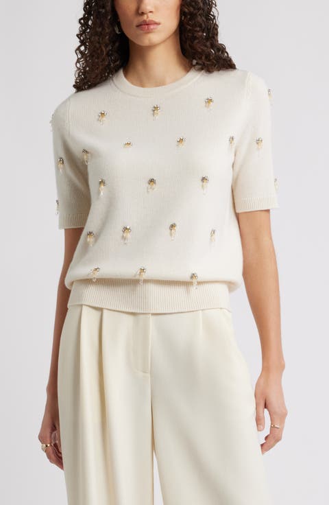 Embellished Short Sleeve Wool & Cashmere Sweater