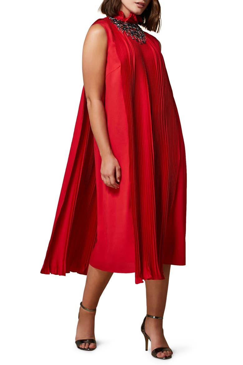 Pleated Sleeveless Ruffle Midi Dress, Alternate, color, RED