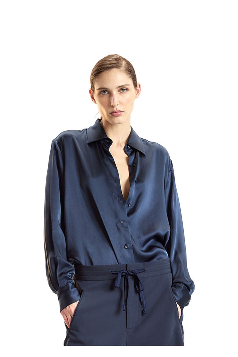 Silk Button Up Shirt, Alternate, color, Navy