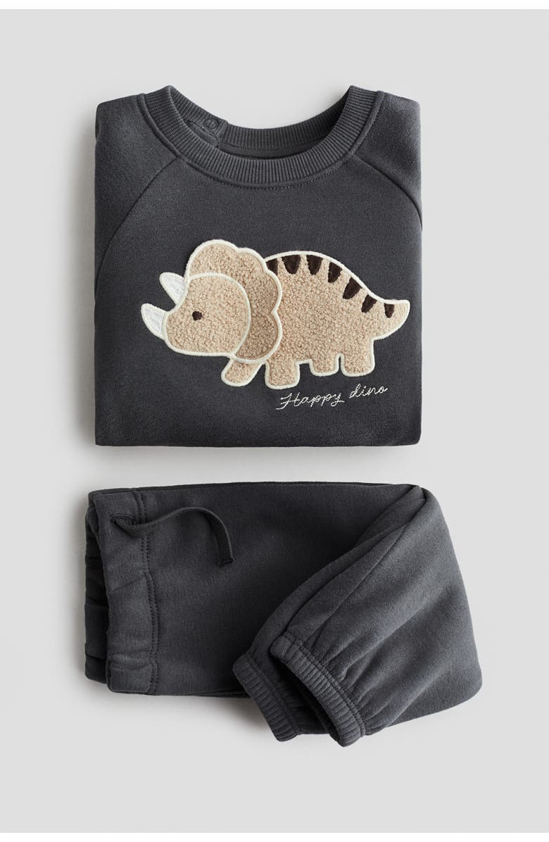 H&M 2-piece Teddy-detail Sweatshirt Set, Alternate, color, Dark Gray/Dinosaur