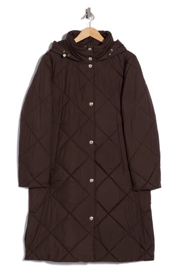 Sam Edelman Hooded Long Quilted Puffer Jacket In Brown