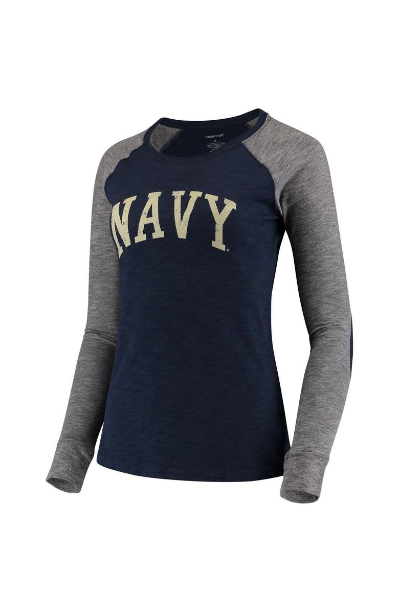 BOXERCRAFT Women's Navy/Gray Navy Midshipmen Preppy Elbow Patch 2-Hit Arch and Logo Long Sleeve T-Shirt, Alternate, color, 