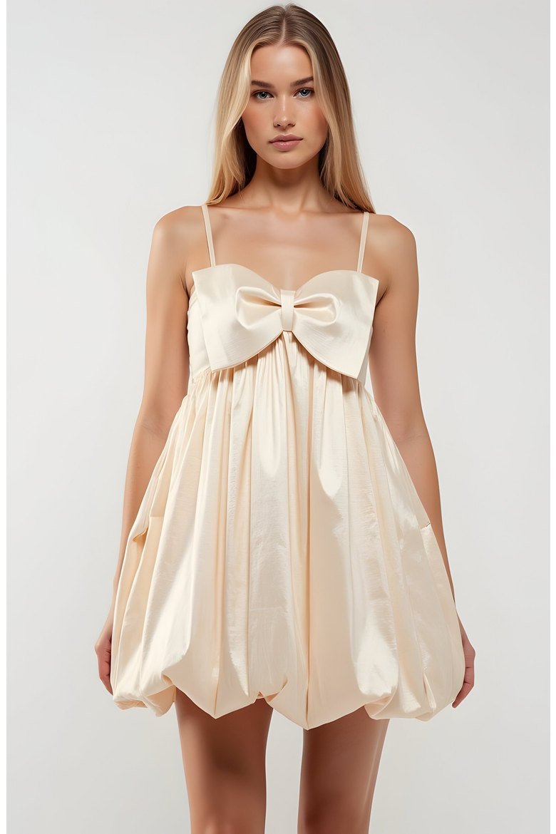 Mini Dress with Bow and Bubble Hem, Alternate, color, Light Beige