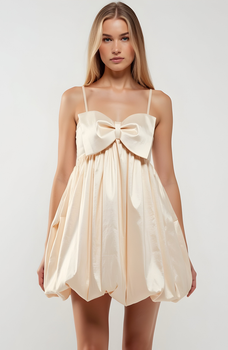 Modenaire Mini Dress with Bow and Bubble Hem, Alternate, color, Light Beige