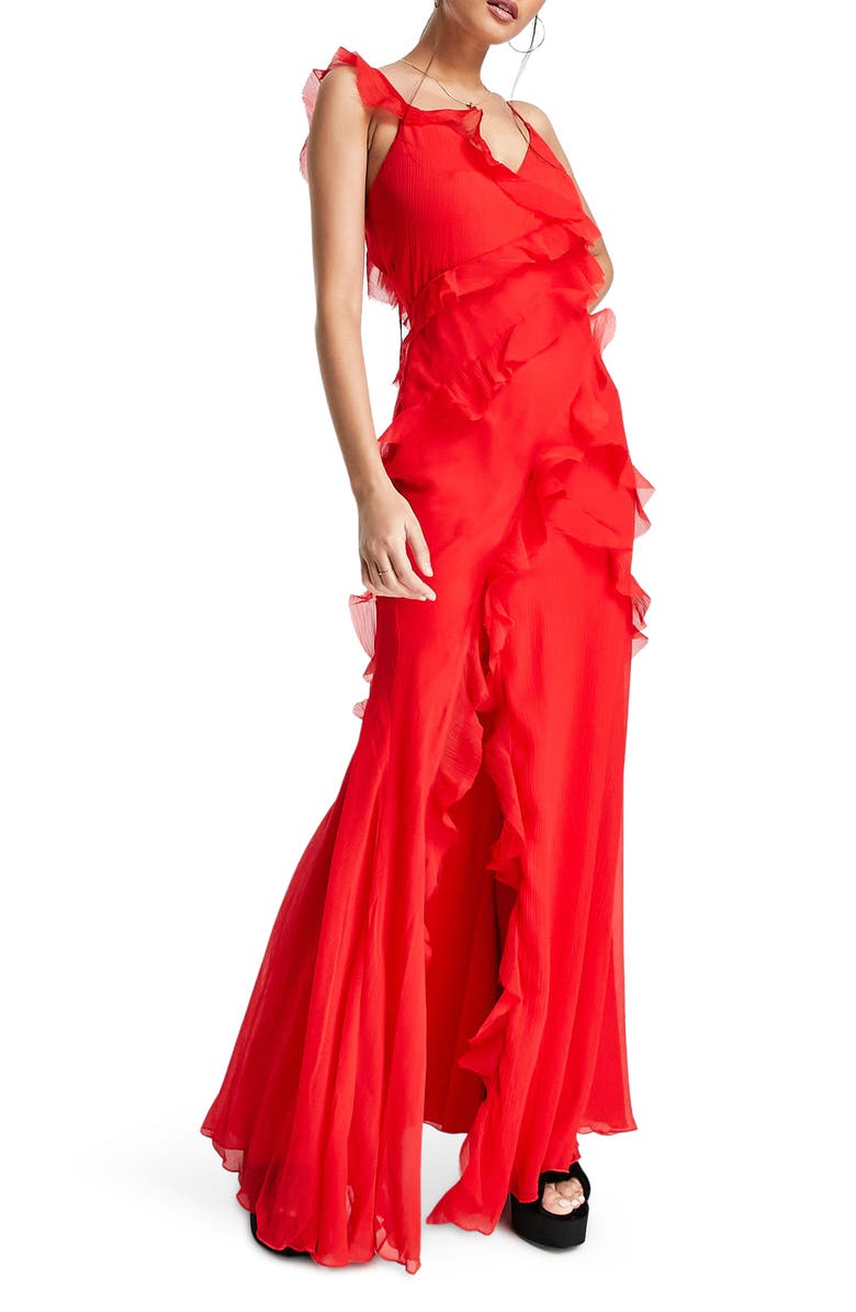 ASOS DESIGN Ruffle Plissé Chiffon Lace-Up Back Maxi Dress, Main, color,