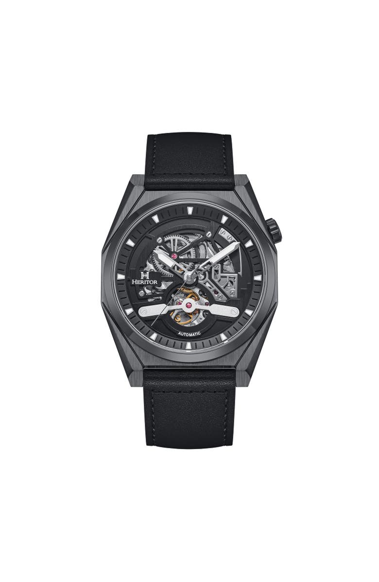 Heritor Automatic Amadeus Semi-Skeleton Leather-Band Watch, Main, color, Black/Black