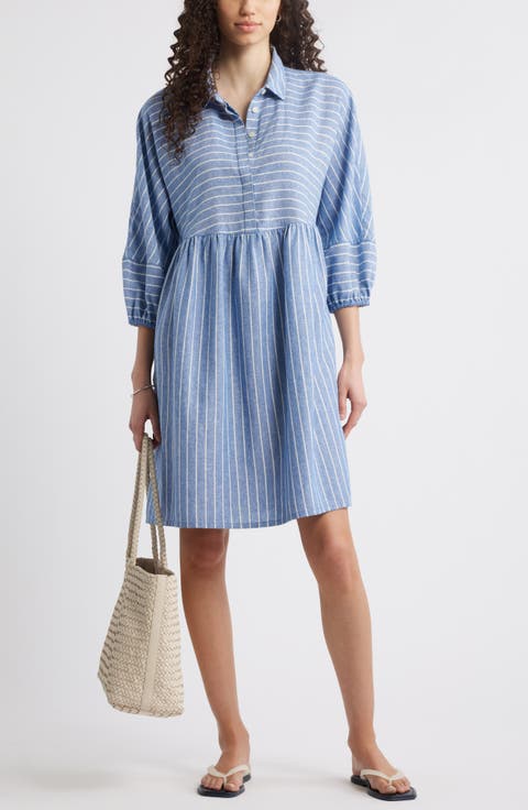 Stripe Long Sleeve Linen Blend Dress