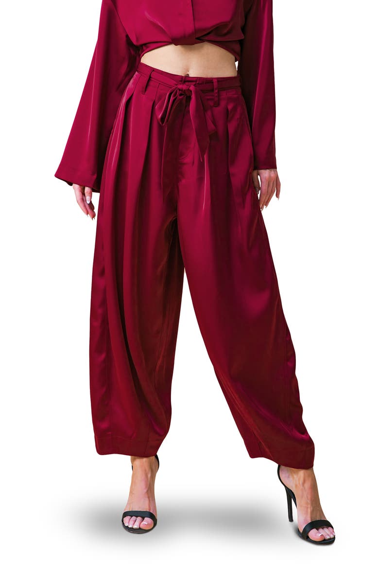 Belted Satin Balloon Pants, Main, color, RUBY