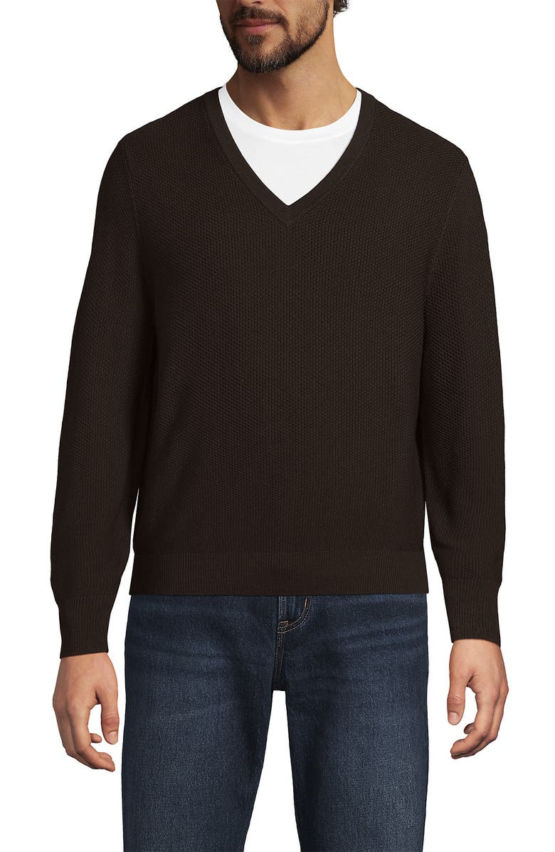 Lands' End Long Sleeve Washable Merino Wool V Neck Sweater, Main, color, Rich Coffee