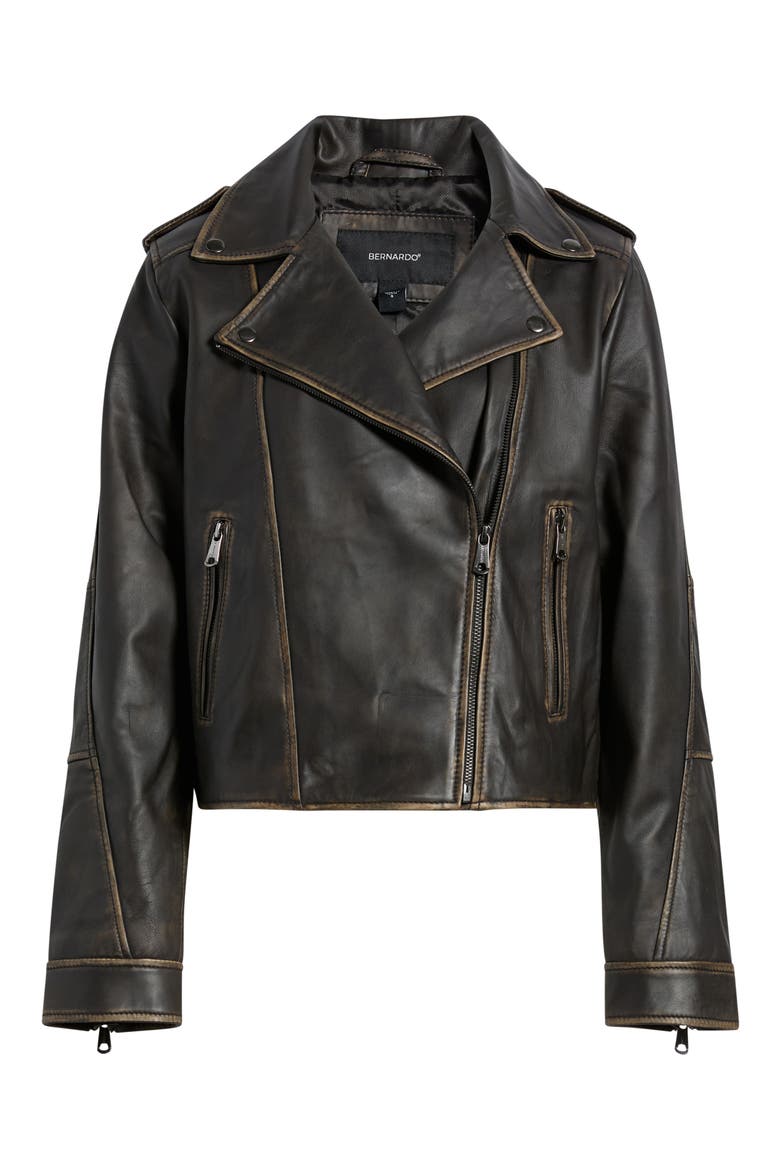 Burnished Leather Moto Jacket, Alternate, color, DK BROWN