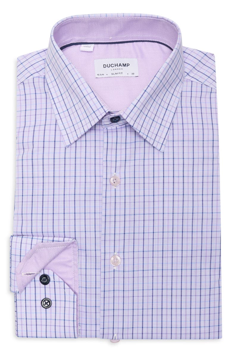 Duchamp Plaid Print Slim Fit Dress Shirt, Alternate, color, Purple