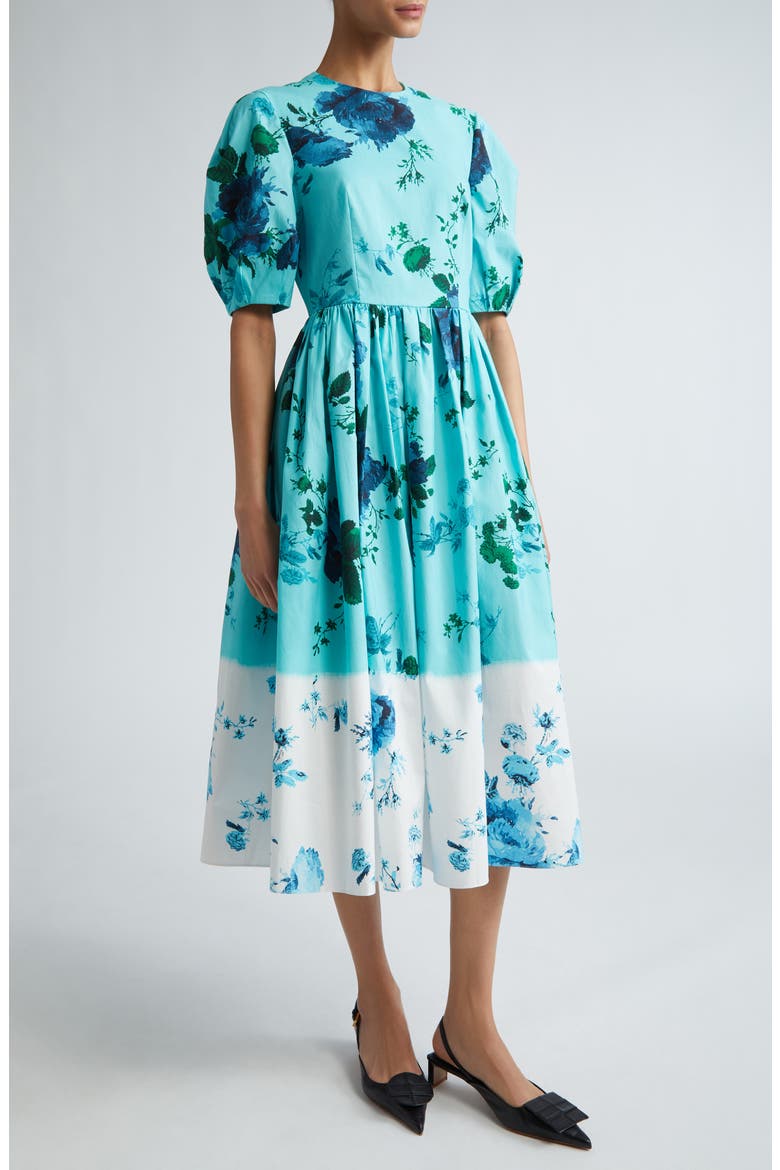 Dégradé Floral Puff Sleeve Cotton Dress, Main, color, KINGFISHER AND WHITE
