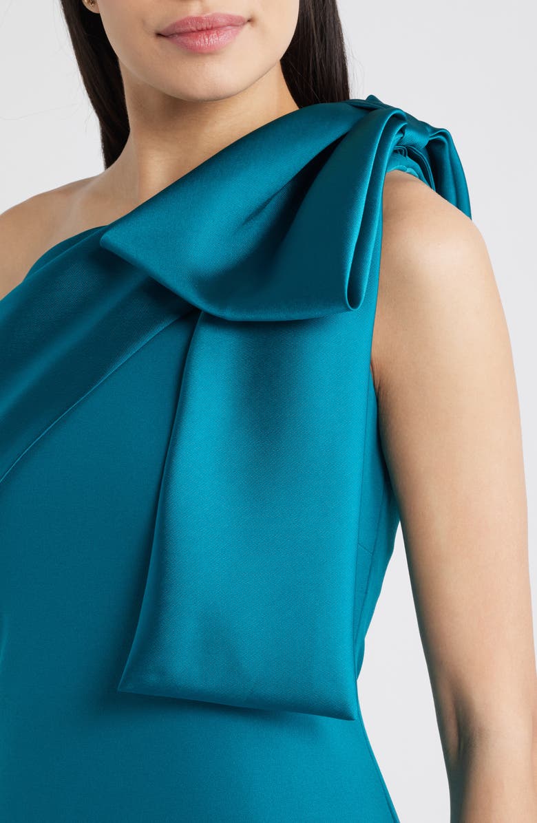 Betsy & Adam Bow One-Shoulder Crepe Mermaid Gown, Alternate, color, Teal