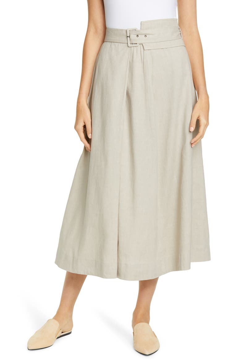 Belted Stretch Linen & Cotton Midi Skirt, Main, color, MEDIUM BEIGE