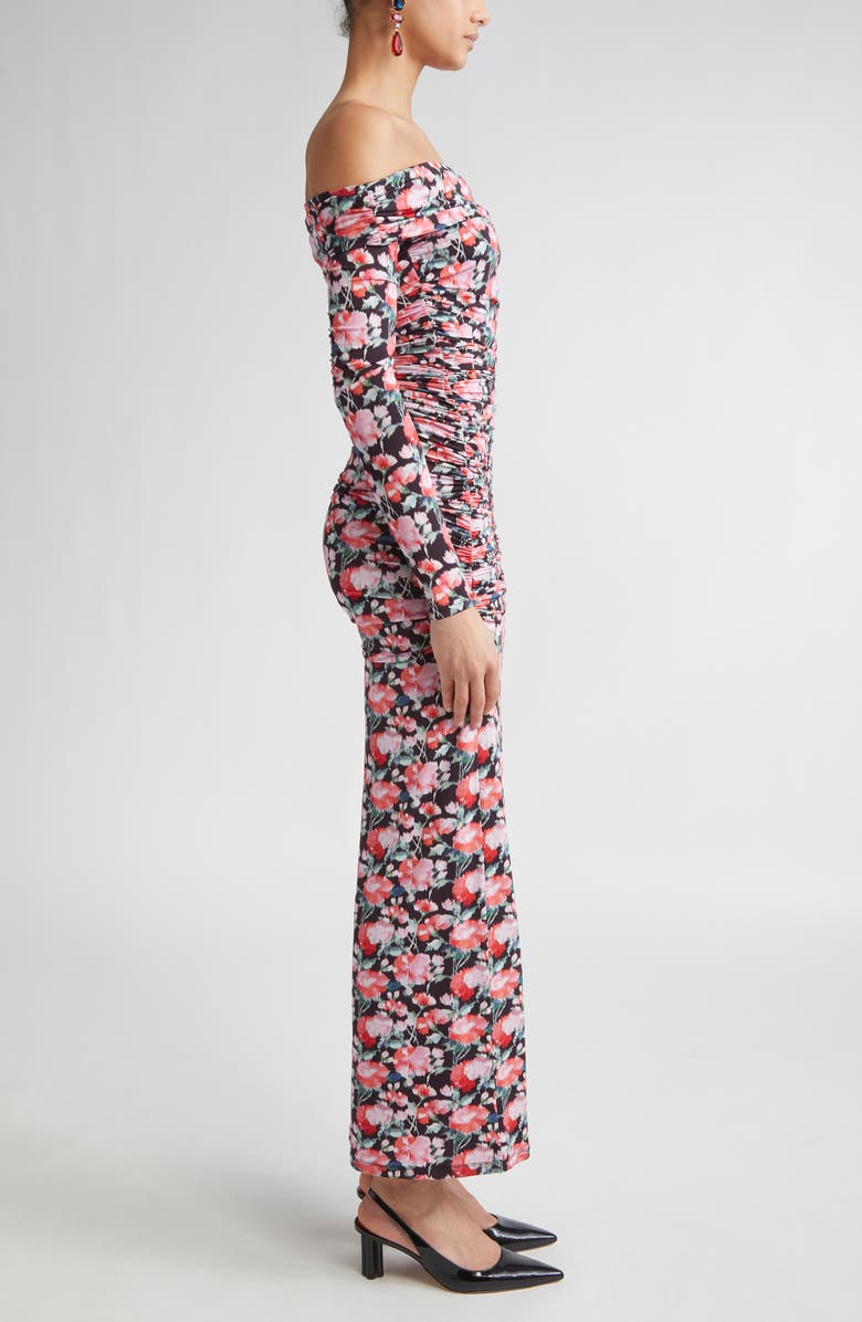 Carolina Herrera Peony Print Ruched Long Sleeve Off the Shoulder Jersey Dress, Alternate, color, Pink Multi