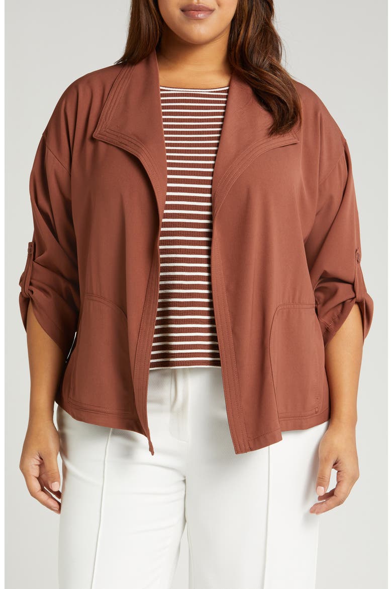 Draped Open Front Twill Jacket, Main, color, CHESTNUT