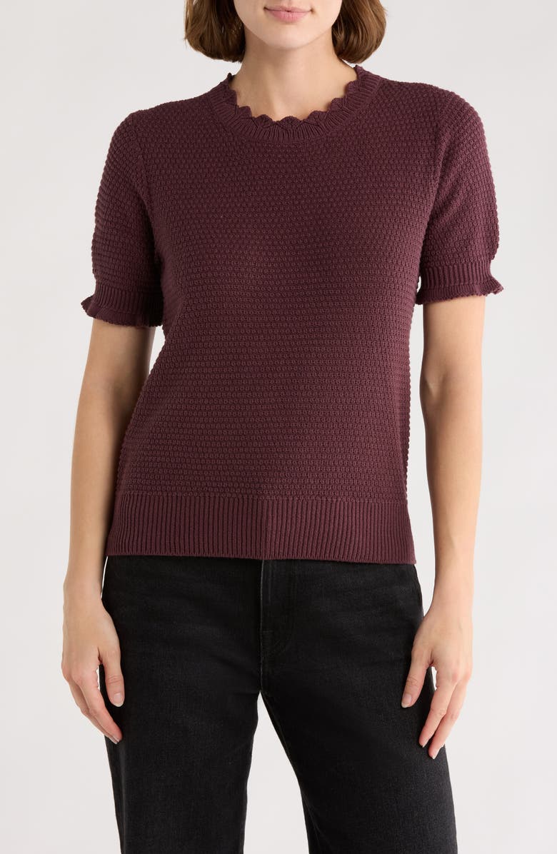 Melrose and Market Scalloped Short Sleeve Cotton Blend Sweater, Main, color, Burgundy Fudge