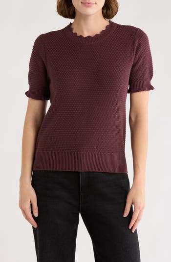 Melrose And Market Scalloped Short Sleeve Cotton Blend Sweater In Burgundy