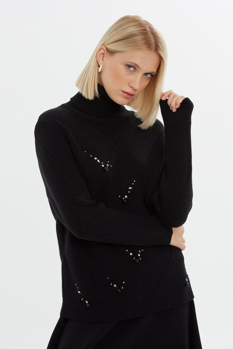 Beaded Embellished Turtleneck Knit Jumper, Alternate, color, Black