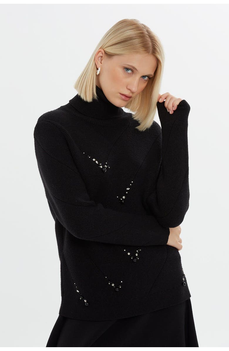 Gizia Beaded Embellished Turtleneck Knit Jumper, Alternate, color, Black