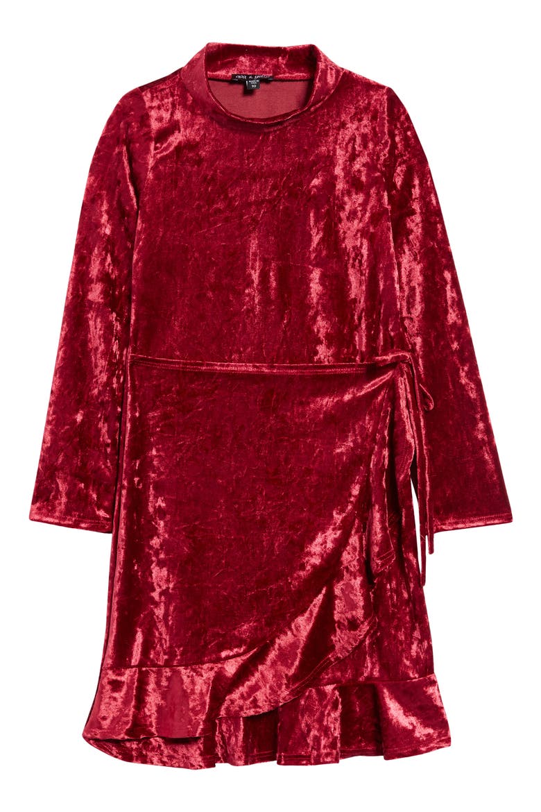 Kids' Mock Neck Crushed Velvet Faux Wrap Dress, Main, color, RUBY RED